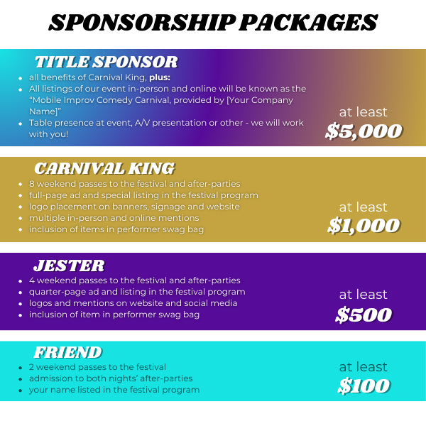 a list of sponsorship packages, including Friend ($100), Jester ($500), Carnival King ($1000) and Title Sponsor ($5000)